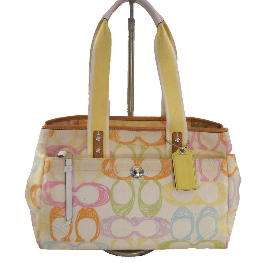 COACH HAMPTON MULTI-COLOR SIGNATURE SCRIBBLE FABRIC TOTE BAG